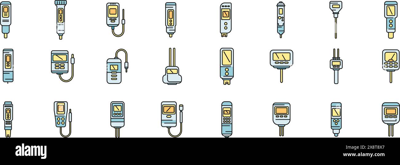 Symbole des pH-Messgeräts legen den Konturvektor fest. Chemische Säure. Biologiemessgerät, dünne Linie, flach auf weiß Stock Vektor