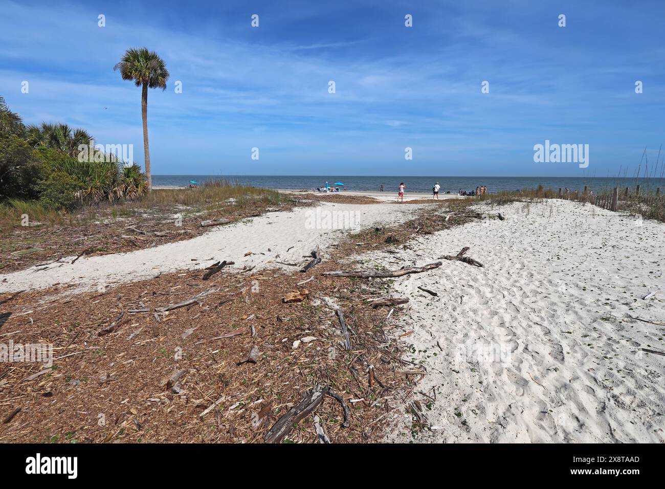 Sand, Wellen, Himmel und nicht identifizierbare Menschen am Public Beach auf Daufuskie Island in Beaufort County, South Carolina Stockfoto