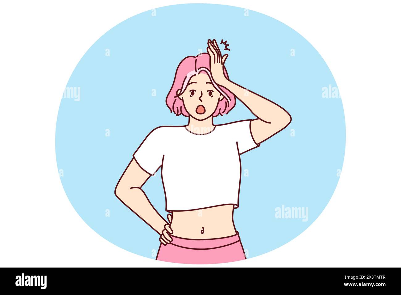 Vergessliches, schockiertes Mädchen, das den Kopf fesselt, öffnet den Mund weit und erinnert sich an Dinge, die nicht gemacht wurden, oder Schlüssel vergessen zu Hause. Eine schockierte Frau mit rosa Haaren ist gestresst von angehäuften Problemen und Problemen Stock Vektor