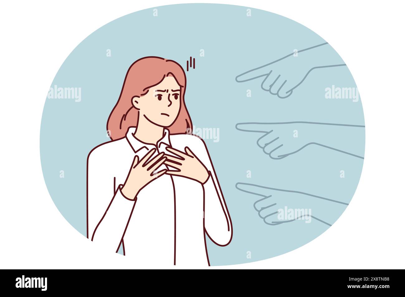 Die Hände zeigen auf ein verwirrtes Mädchen, wegen der Vorwürfe und der Verurteilung einer Person, die einen Fehler gemacht hat. Unglückliches Mädchen leidet unter unzumutbarer Schuld an Kollegen oder Freunden, die durch Hass oder Diskriminierung motiviert sind Stock Vektor