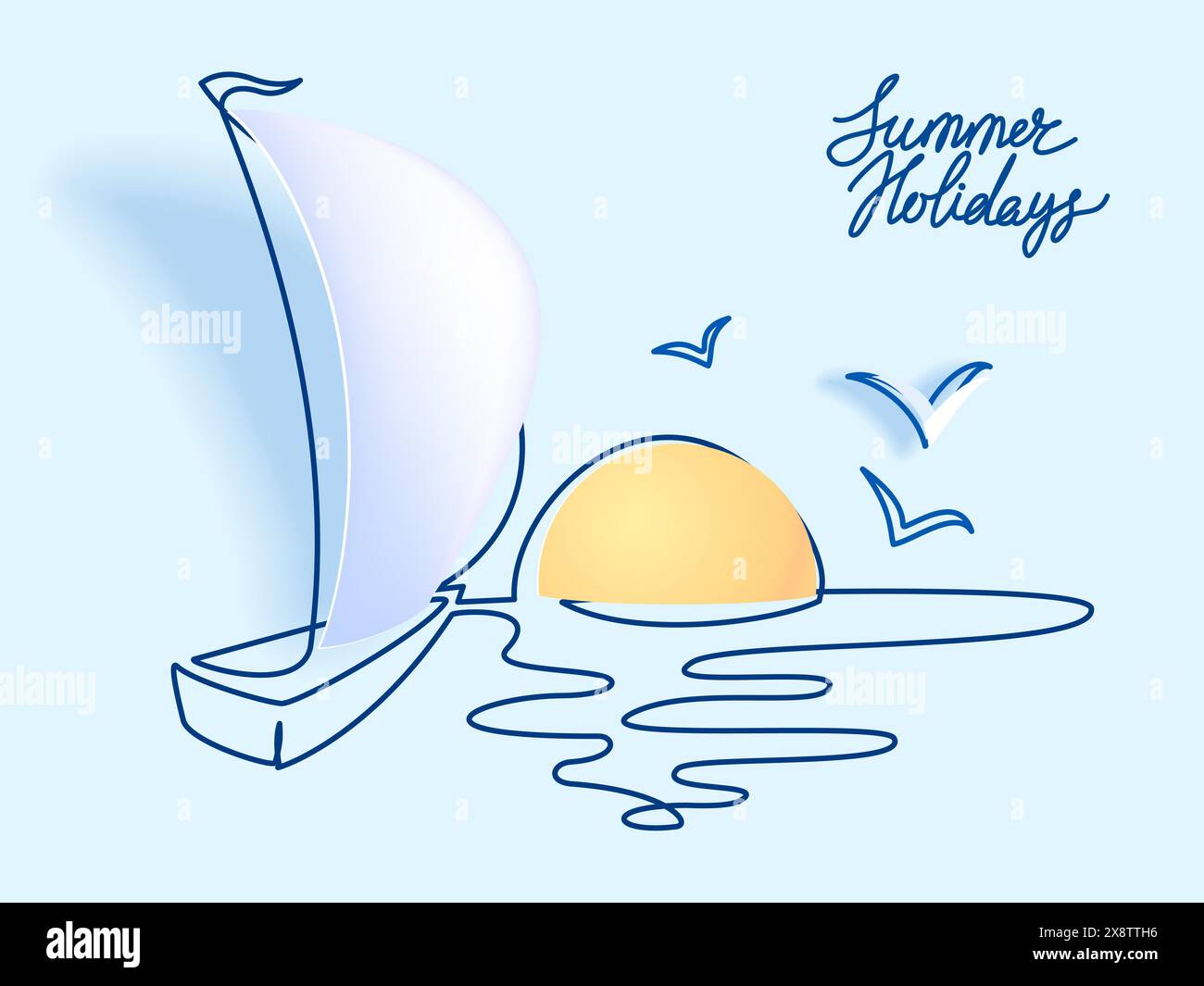 Segelboot im Meer mit Sonne. Durchgehende einzeilige Zeichnung Stock Vektor