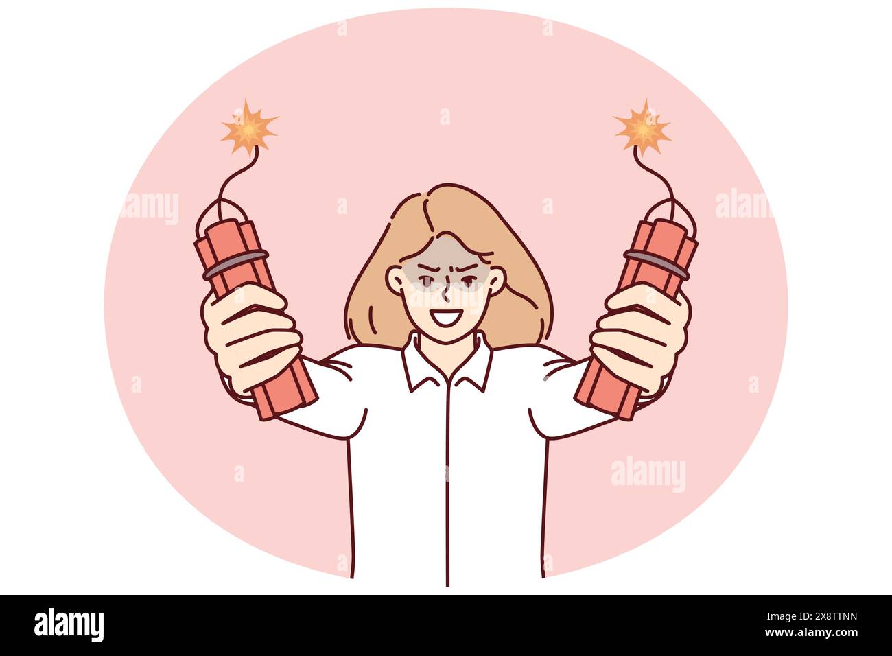Wütende Geschäftsfrau, die Dynamit in den Händen hält, droht aufgrund von leistungsschwachen Mitarbeitern des Unternehmens eine Explosion zu verursachen. Dynamit in den Händen einer Geschäftsfrau symbolisiert schlechtes Management und den Einsatz von Bedrohungen Stock Vektor