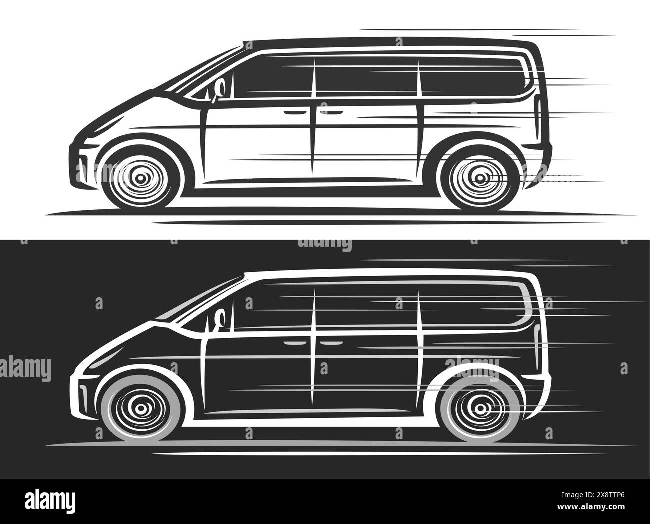 Vektor-Logo für Minivan, dekorative Banner für Automobile mit einfacher Konturabbildung eines einfarbigen Mehrzweckfahrzeugs in beweglichem, elegan Stock Vektor