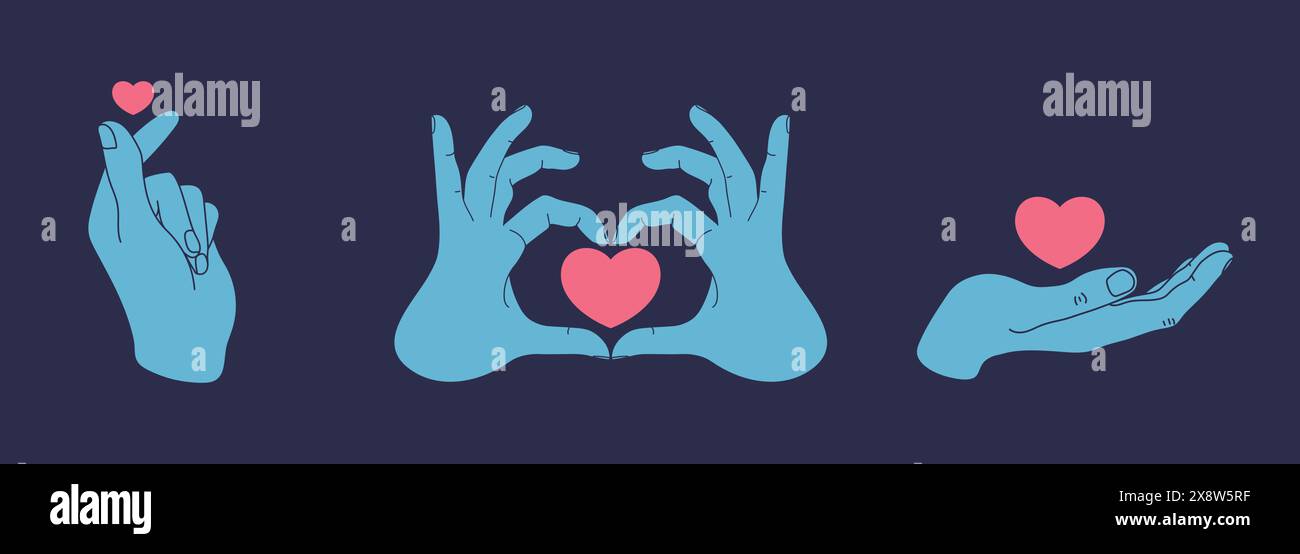 Eine Reihe menschlicher Hände, die Zeichen von Liebe und Herz sind. Geste, Liebe oder Sympathie zu geben. Vektorabbildung Stock Vektor