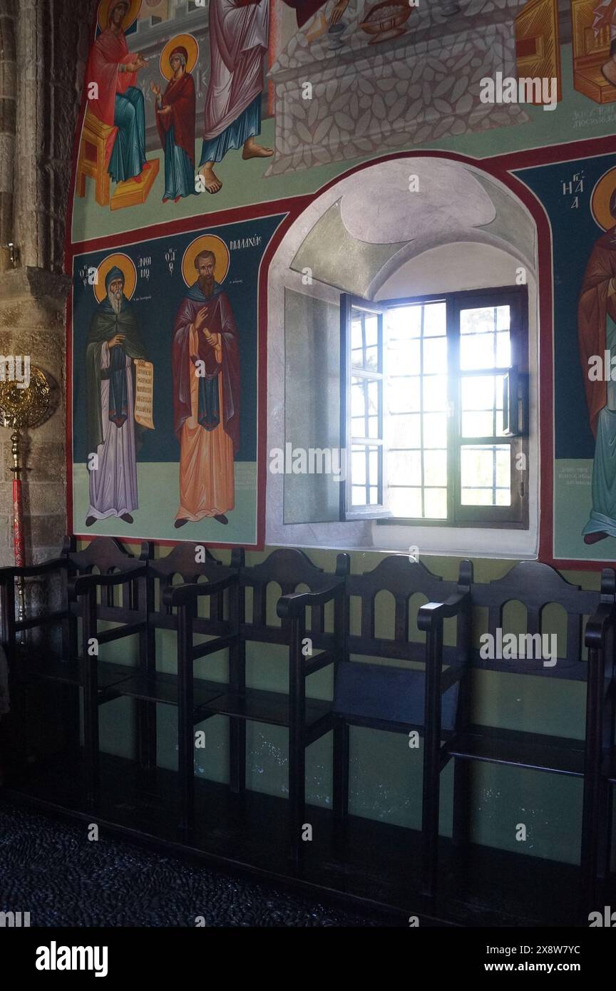 Mesanagros, Rhodos (Griechenland): Detail der Fresken in der Kirche Moni Skiadi (Kloster Skiadi) Stockfoto