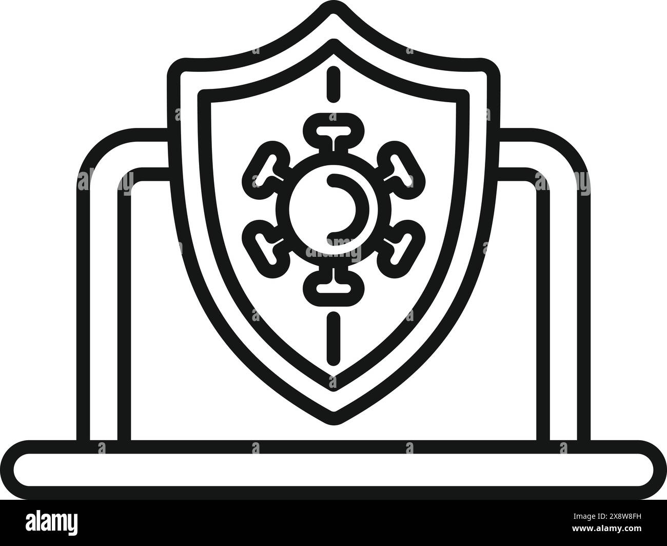 Strichgrafik-Symbol eines Schildes mit einem Virensymbol, das die Gesundheitssicherheit darstellt Stock Vektor