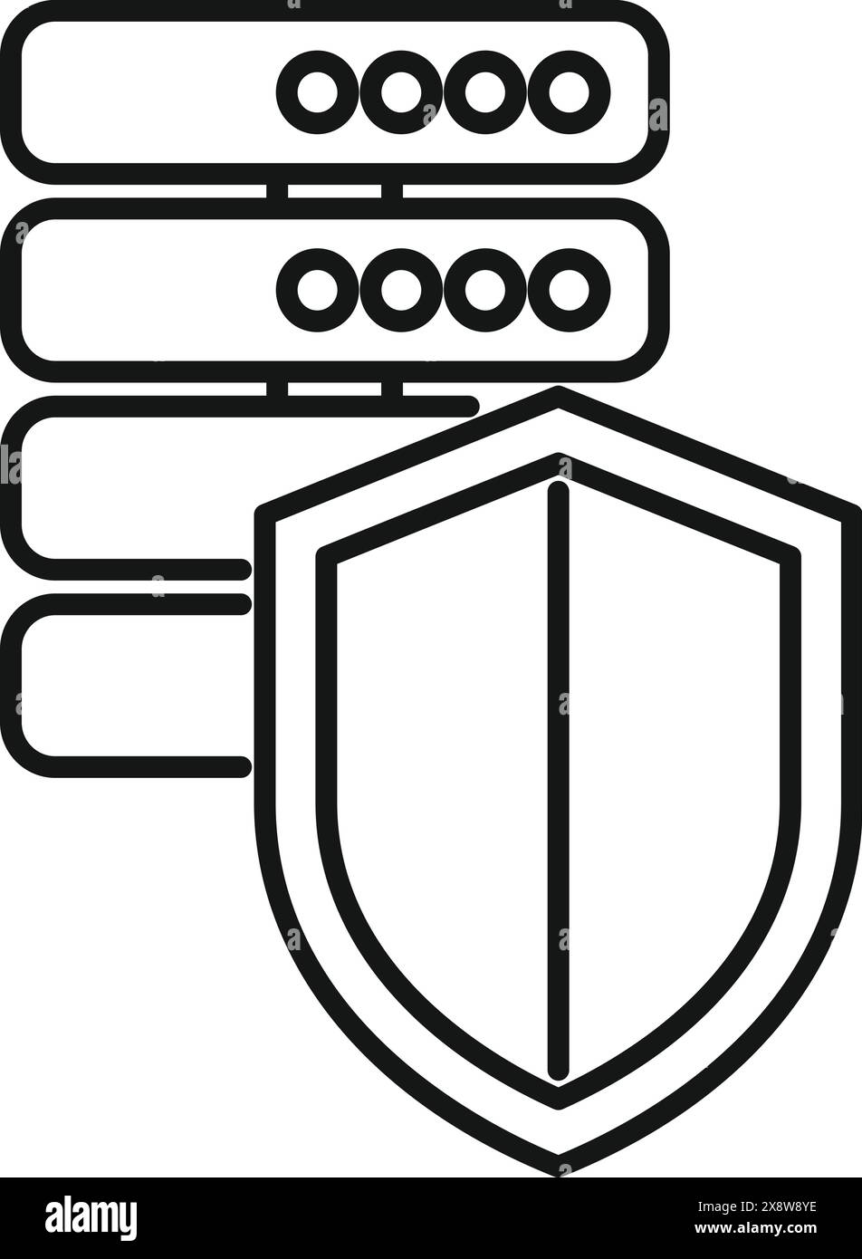 Vektorillustration eines Serversicherheitssymbols mit schwarz-weißem Schild, das Cybersicherheit und Datenschutz im Technologienetzwerk darstellt, isoliert auf weißem Hintergrund Stock Vektor