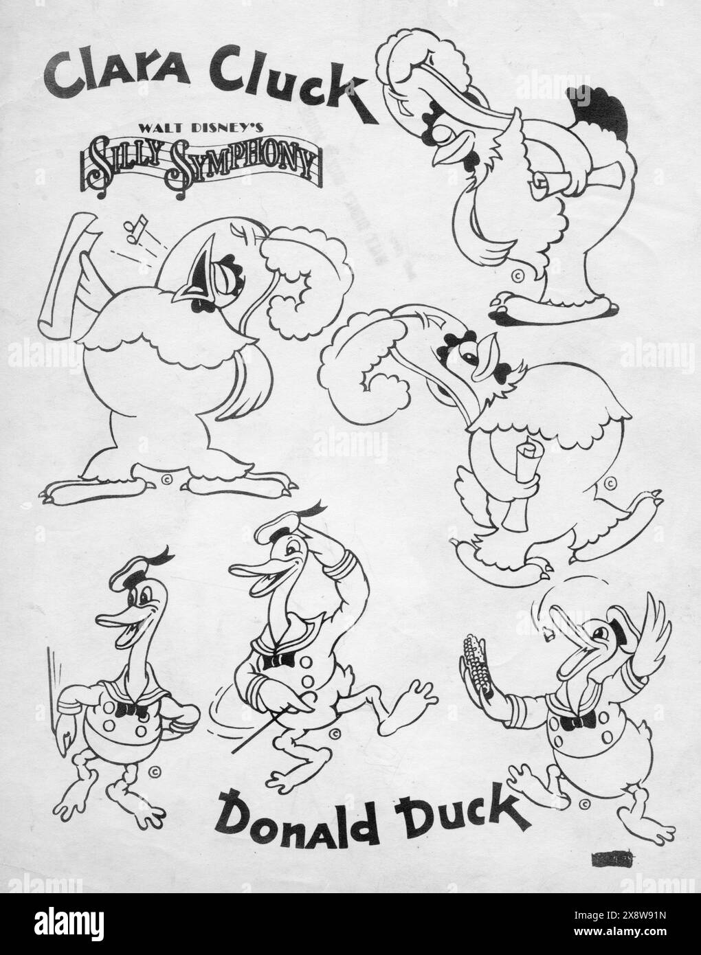 Charakterbogen für den WALT DISNEY Cartoon WAISENZUWACHS 1934 mit CLARA CLUCK und DONALD DUCK in seinem ersten Auftritt in einem Film mit MICKEY MOUSE Walt Disney Productions / United Artists Stockfoto