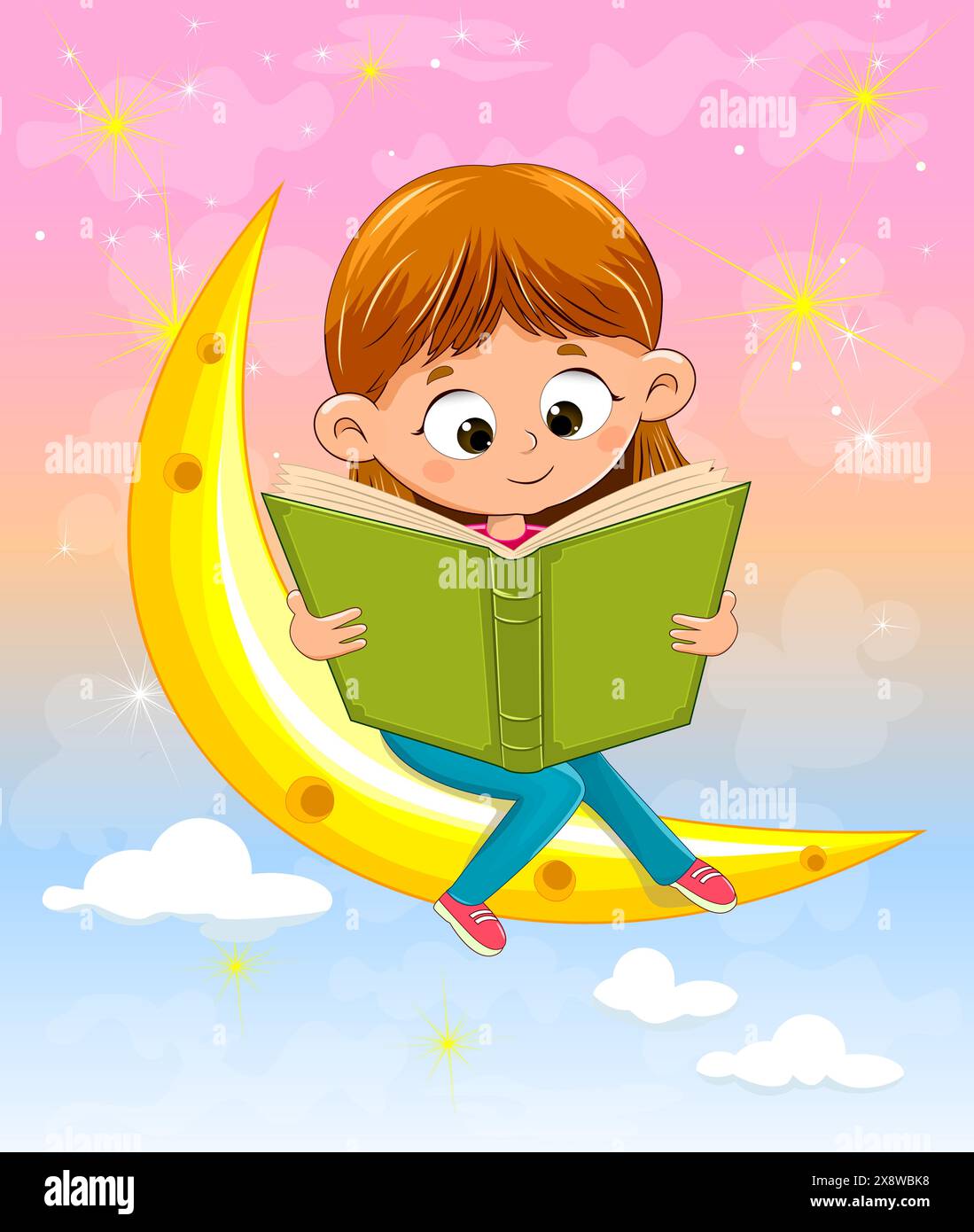 Ein kleines Mädchen mit einem Buch in der Hand sitzt auf einem Cartoon-Mond. Das Mädchen liest ein Buch. Stock Vektor