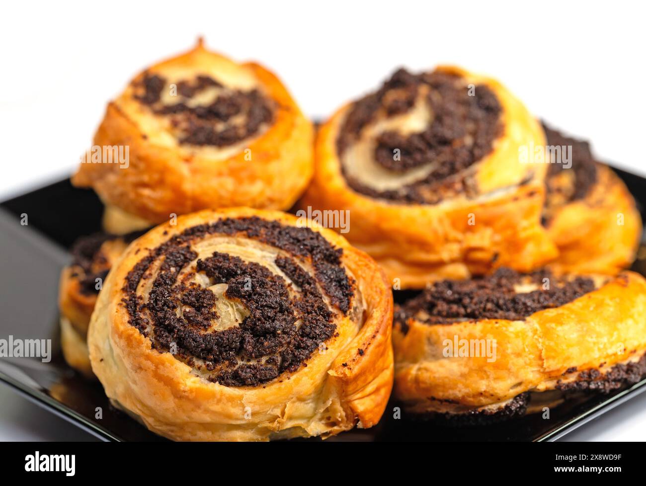 Gebackene Mohnschnecken vor weißem Hintergrund Stockfoto