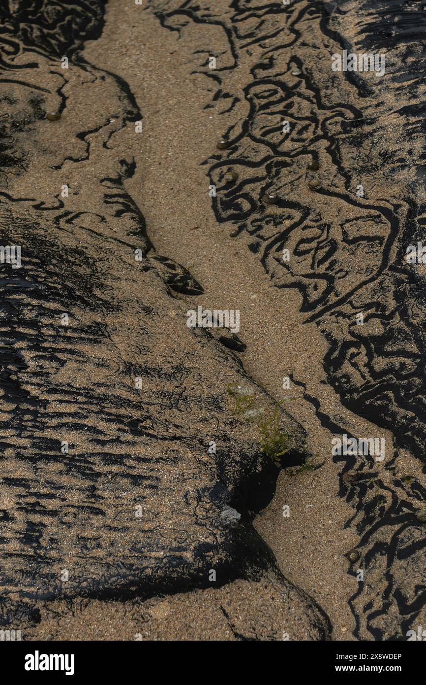 Nahaufnahme komplizierter Muster aus Sand und schwarzem Sediment an einem Strand. Die natürlichen Designs schaffen eine eindrucksvolle und abstrakte Landschaft. Stockfoto