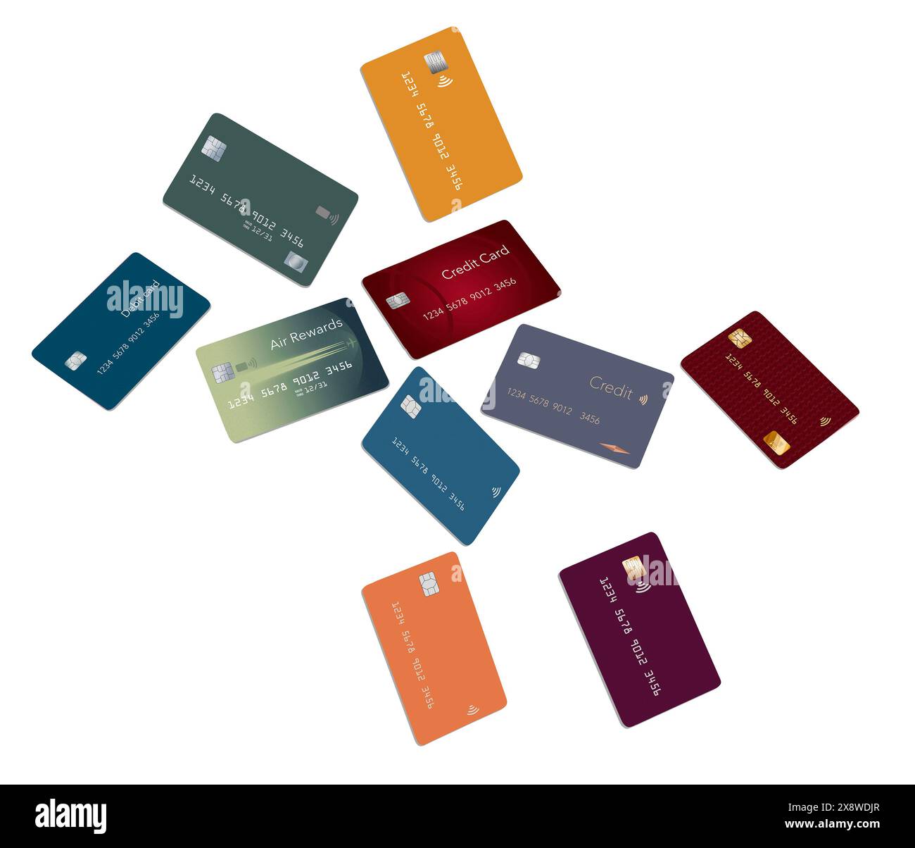 Zehn generische Kreditkarten verschiedener Art sind isoliert auf weißem Hintergrund in einer 3D-Abbildung zu sehen. Stockfoto