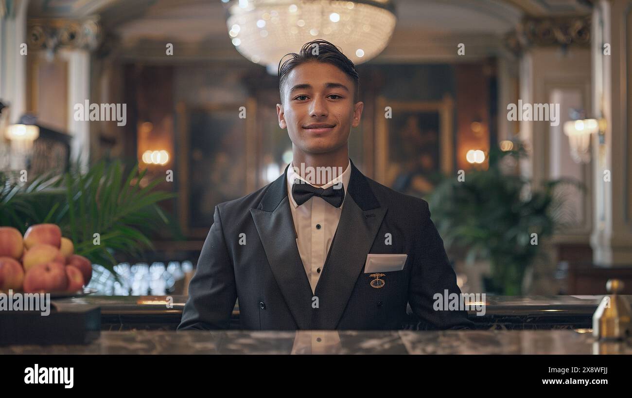 Junger Transgender-Concierge in einem Smoking lächelt an der Rezeption eines Luxushotels. Stockfoto