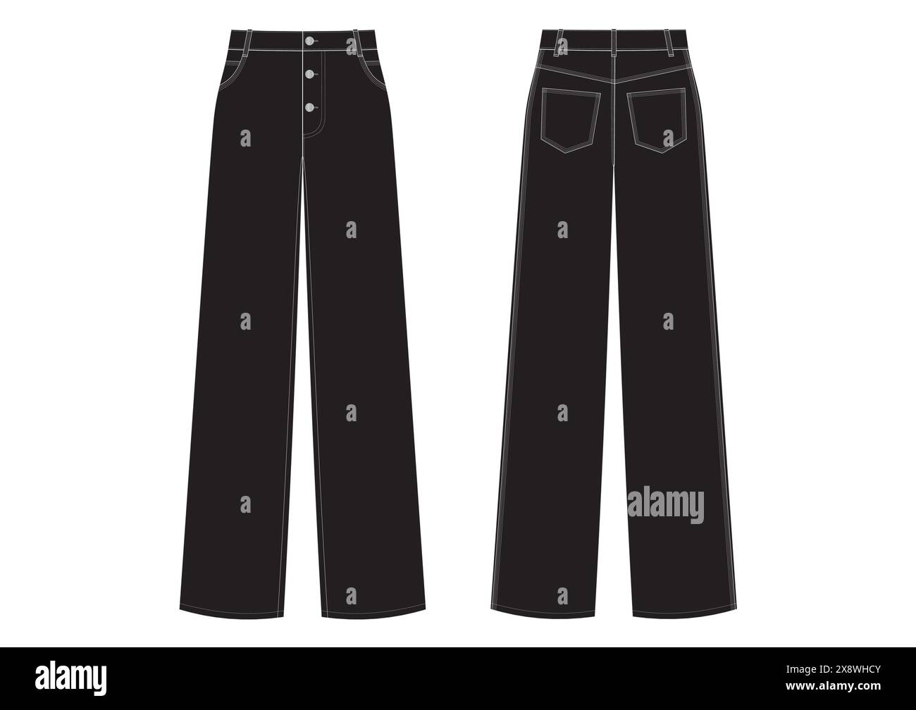 Vektor-Mode technische Zeichnung einer hoch geschnittenen Jeanshose mit Kontrastnähten. Hose mit weitem Bein. Silberne Metallknöpfe. Gewebtes Material. Stock Vektor
