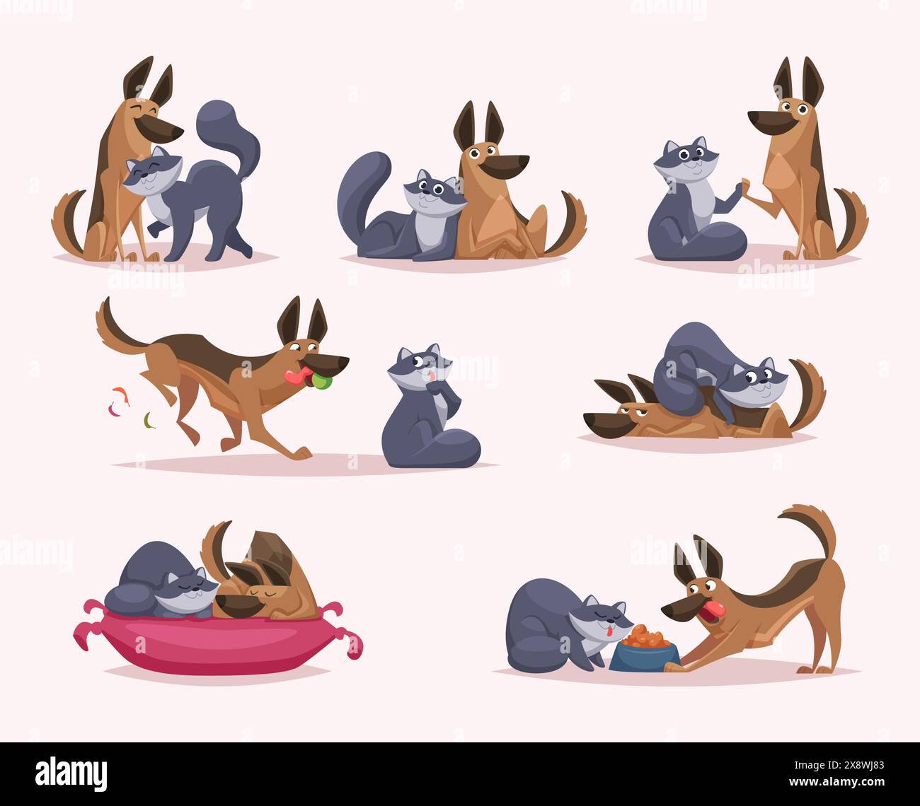 Hund und Katze zusammen. Freundschaft von Haustieren Katzen Hunde spielen zusammen sitzend exakte Vektor-Cartoon-Illustrationen Stock Vektor