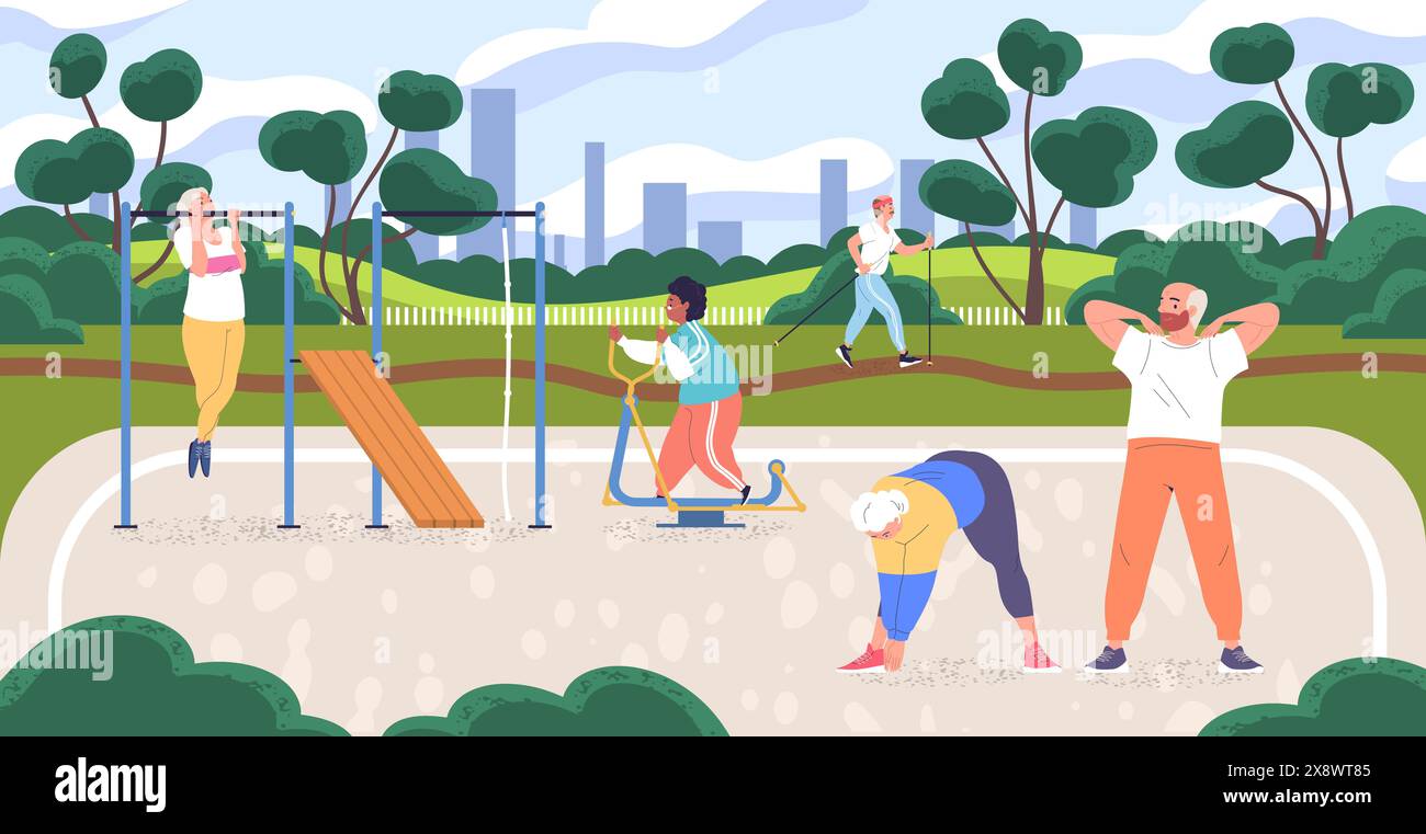 Fitness-Park für ältere Menschen. Alte Leute üben auf Natur Sport Stadt Garten Outdoor Fitness Gym, Ausübung Rentner Alter Mann glücklichen älteren gesunden Lebensstil, klassische Vektor-Illustration des Workout Sport Stock Vektor