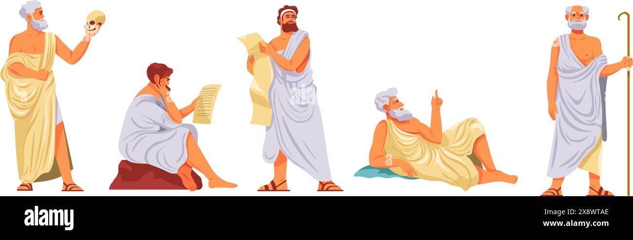 Der antike Philosoph. Römische oder griechische Philosophen Zeichentrickfigur, alter Mann in Toga denkender Metaphysik, sokrates plato aristoteles pythagoras Philosophie, neuere Vektorillustration Stock Vektor
