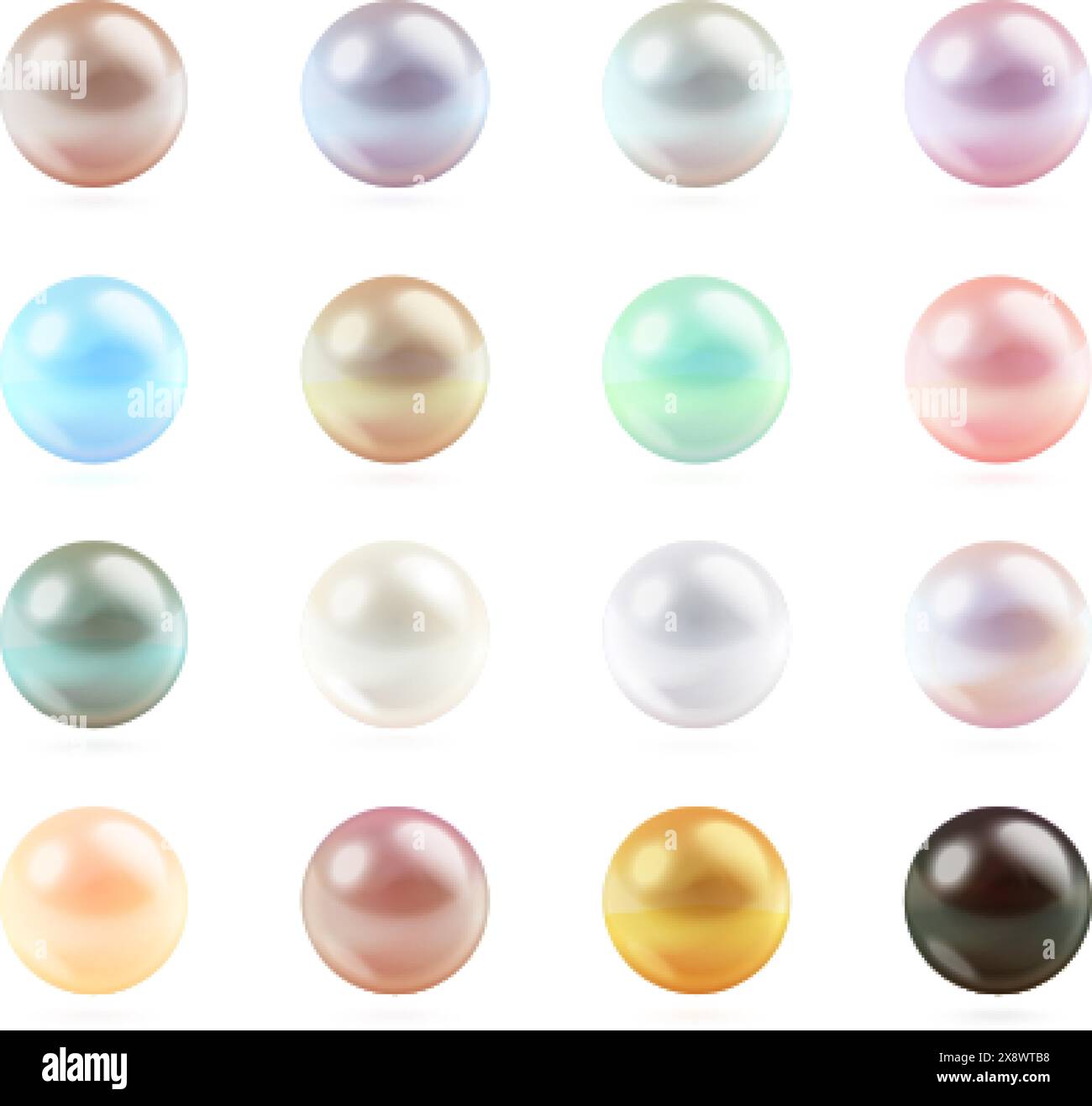 Realistische Farbperlen. 3d Perle Silber Gold weiß Perlmutt Kugel, Edelstein schöne Halskette Perlen Multicolor Kugel Edelsteine Schmuckzubehör von Meeresschale, genaue Vektor Illustration der Perle 3d Stock Vektor