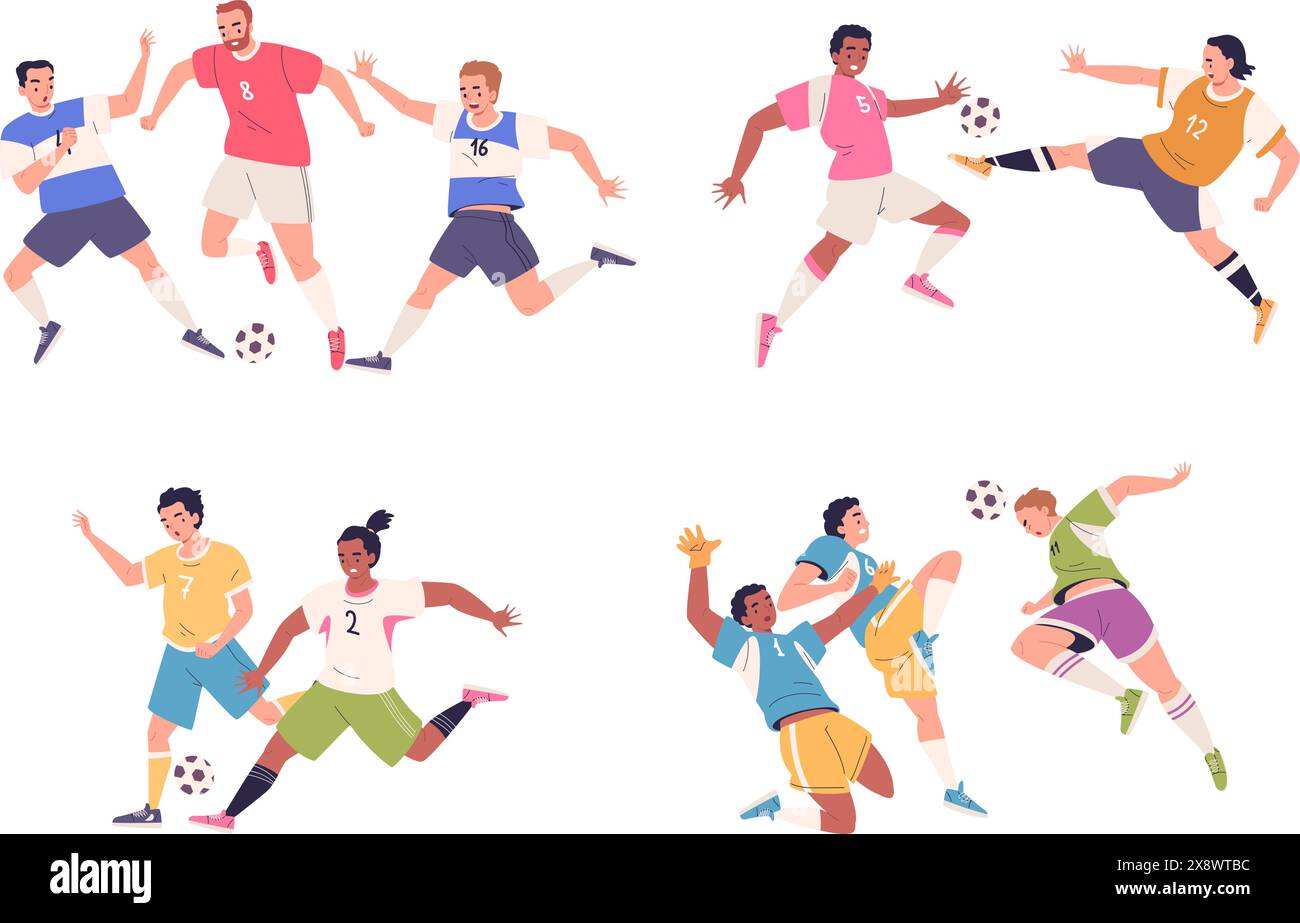 Fußballspieler kämpfen. Professionelle Fußballspieler-Action, Sportspiel-Match-Tor oder Dribbling-Spielmomente, Fußballteam-Gruppe Kickball-Bewegung klassische Vektor-Illustration Stock Vektor