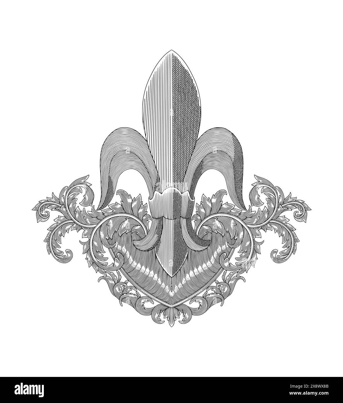 Fleur de Lis mit Blumenschmuck, Rolldekoration, Vintage Gravur Stil Zeichnung Illustration Stock Vektor