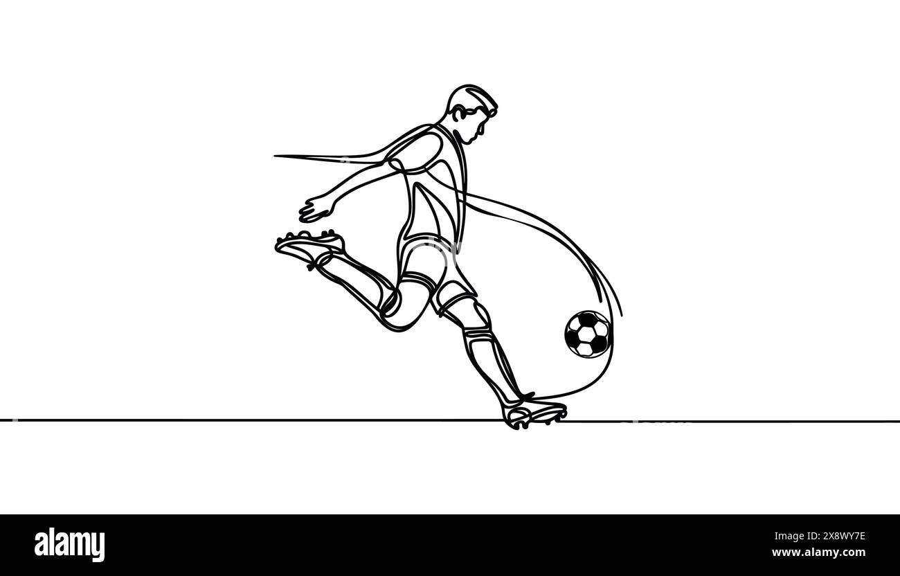 Durchgehende Linienzeichnung. Die Abbildung zeigt einen Fußballspieler, der den Ball tritt. Fußball. Vektorabbildung. Stock Vektor