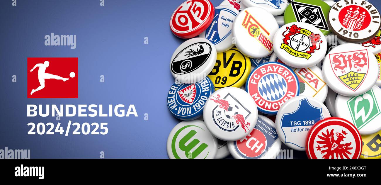 Logos der deutschen Fußballvereine, die in der Bundesliga-Saison 2024/25 auf einem Tisch antreten. Webbanner-Format Stockfoto