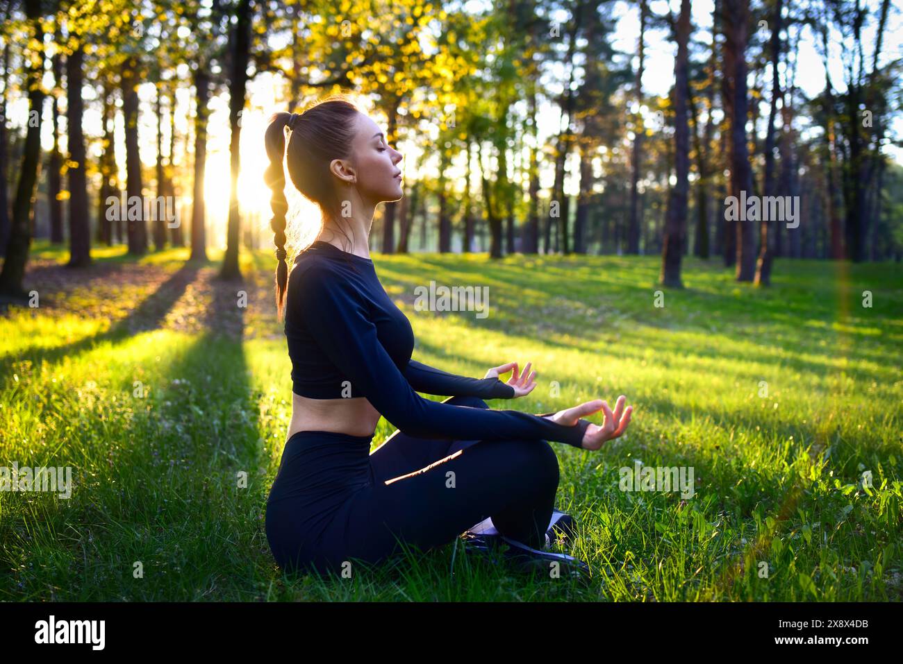Eine junge Frau übt Meditation in einem ruhigen Wald während des Sonnenaufgangs aus, um Frieden und Achtsamkeit zu fördern. Stockfoto