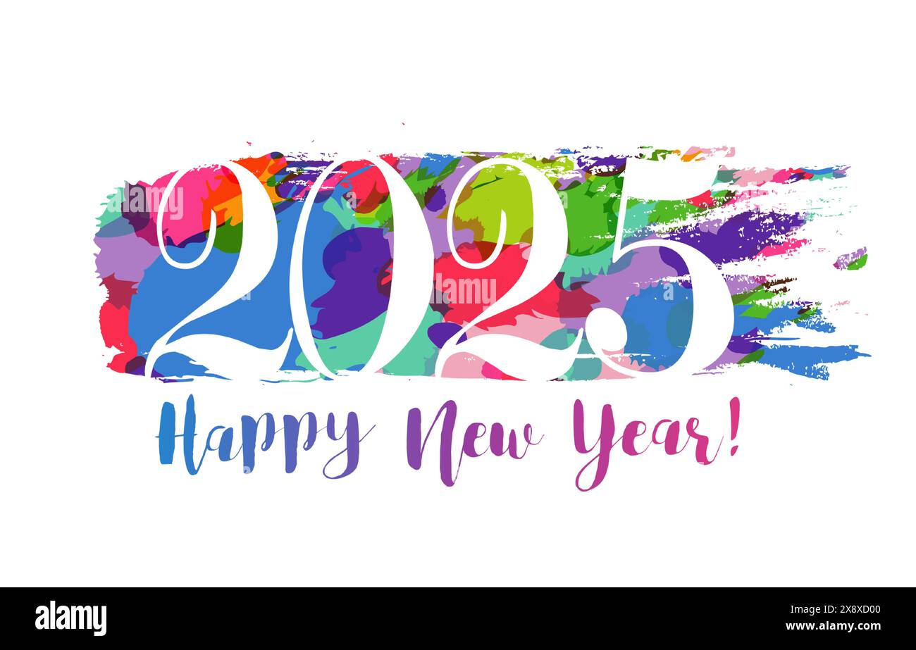 2025 modernes Logo zum Bürsten des Grunge-Bürsten für das Happy New Year. Zahlen 2025 mit farbigen Tintenelementen im kreativen Stil. Vektorabbildung Stock Vektor