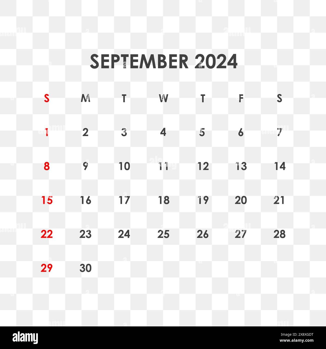 Kalender für September 2024. Die Woche beginnt am Sonntag. Stock Vektor