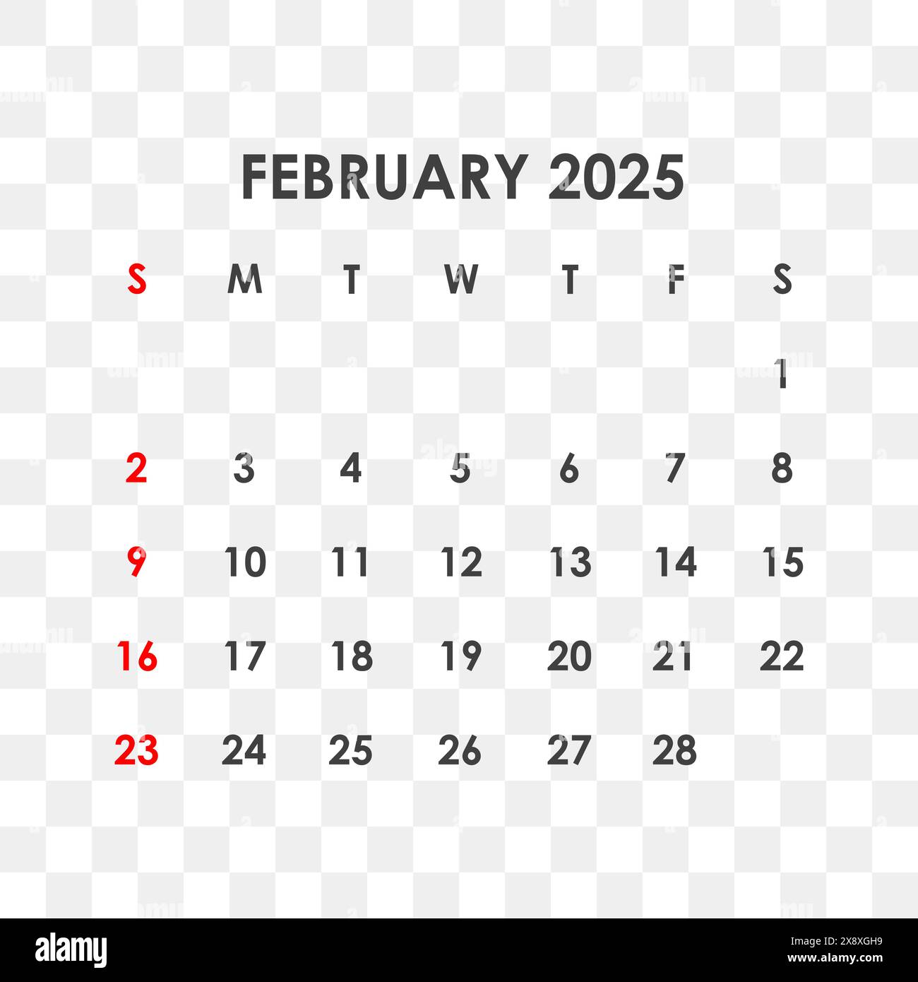 Kalender für Februar 2025. Die Woche beginnt am Sonntag. Stock Vektor