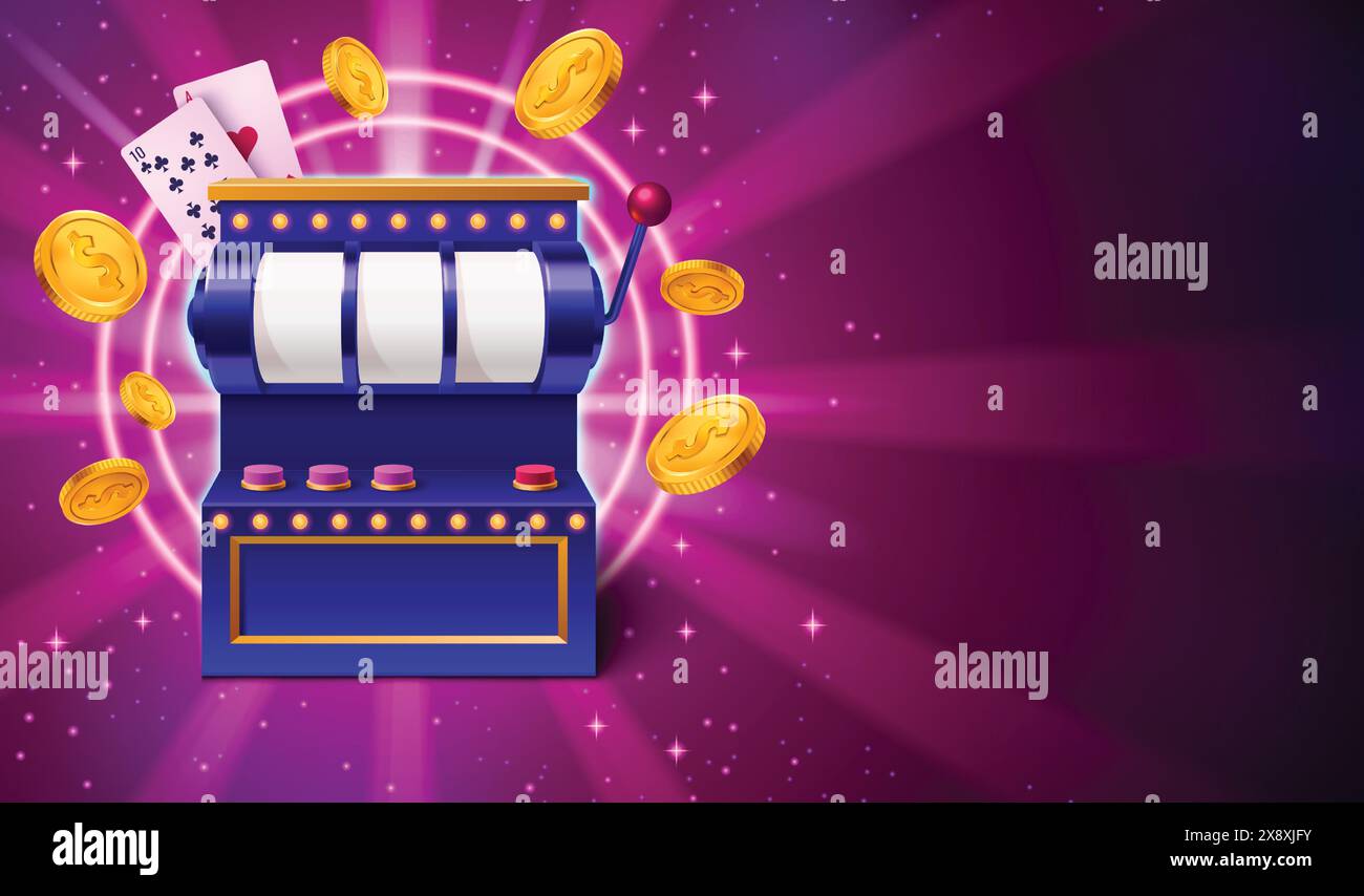 Spielautomat mit fliegenden goldenen Dollarmünzen und Pokerkarten. Realistische 3D-Vektor-Illustration Banner mit leerer Walze des Glücksspielrouletts mit Griff und Goldgeld für Casino Gewinner Promotion. Stock Vektor