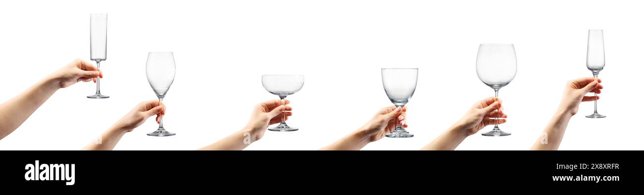 Frau Hand hält leeres Cocktailglas isoliert auf weißem Hintergrund. Stockfoto