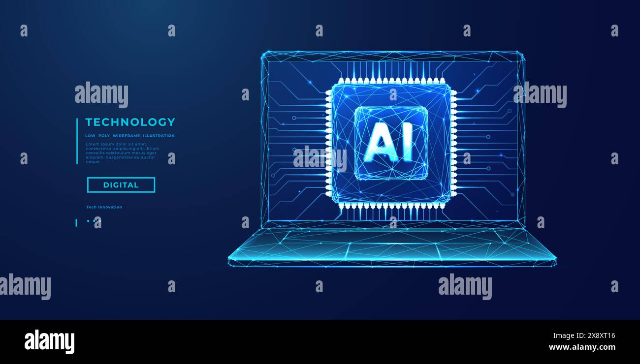 KI-Chip auf einem Laptop-Monitor. Abstrakter Hintergrund der digitalen Technologie. Stock Vektor