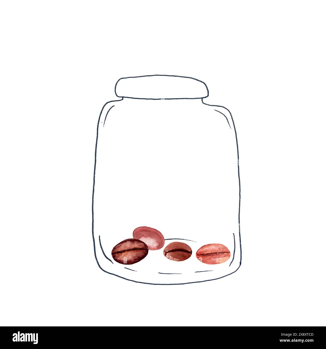 Schwarze Kaffeebohnen in einem Glas Illustration in Aquarell isoliert auf weißem Hintergrund, handgezeichnet für Lebensmitteldesign. Ideal für Gewürzbehälter Stockfoto