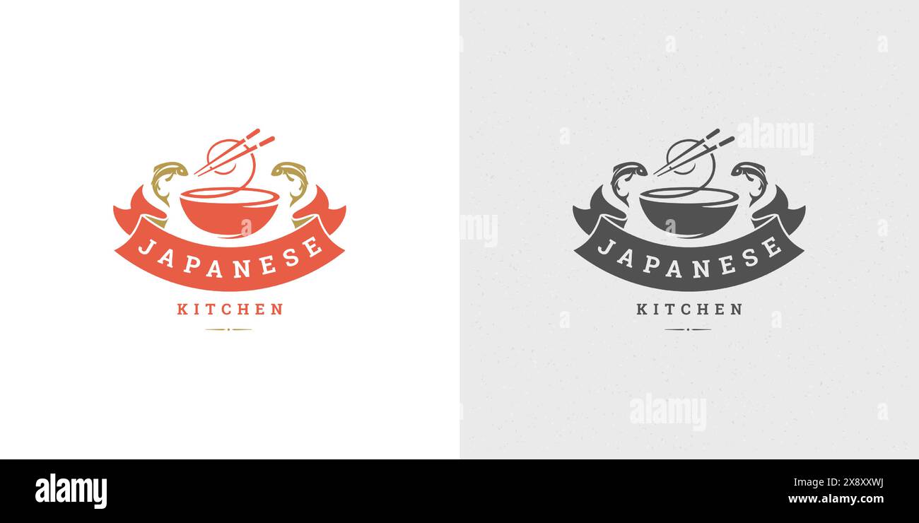 Sushi Logo und Abzeichen japanisches Essen Restaurant mit Ramen Nudelsuppe asiatische Küche Silhouette Vektor Illustration. Vintage Typografie Emblem und Label Stock Vektor