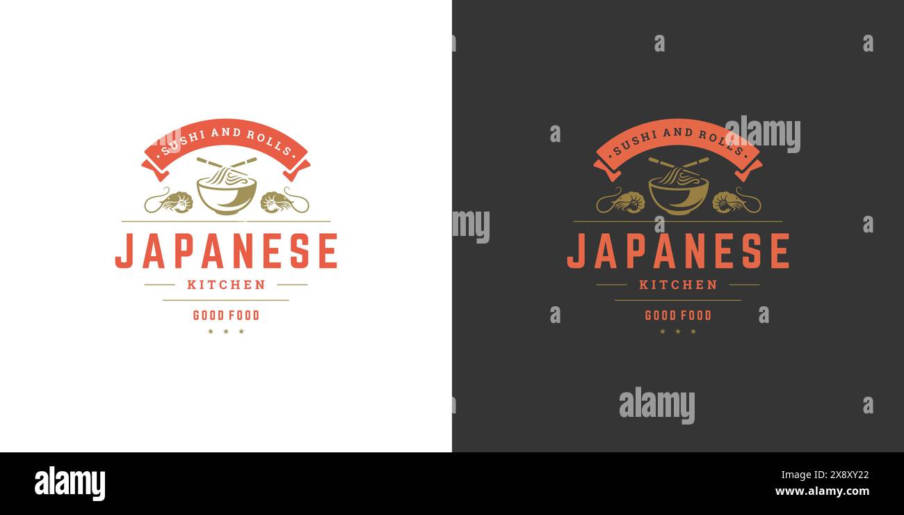 Sushi Logo und Abzeichen japanisches Essen Restaurant mit Ramen Nudelsuppe asiatische Küche Silhouette Vektor Illustration. Vintage Typografie Emblem und Label Stock Vektor