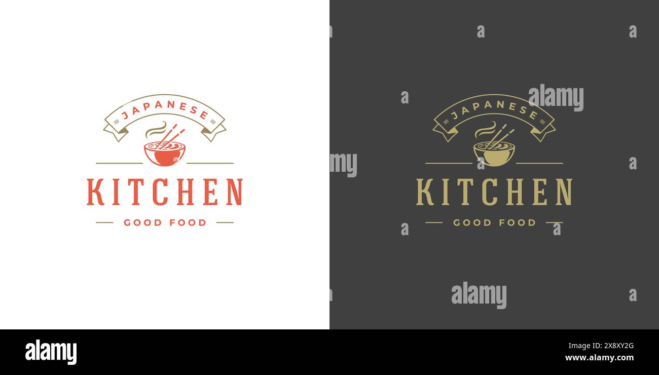 Sushi Logo und Abzeichen japanisches Essen Restaurant mit Ramen Nudelsuppe asiatische Küche Silhouette Vektor Illustration. Vintage Typografie Emblem und Label Stock Vektor