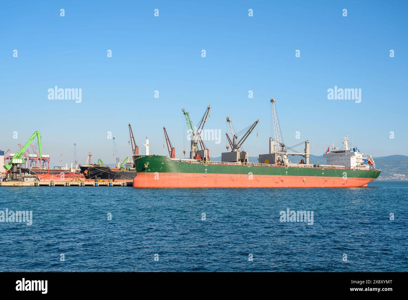 Verladung auf Massengutschiffen im Handelshafen an einem sonnigen Tag Stockfoto
