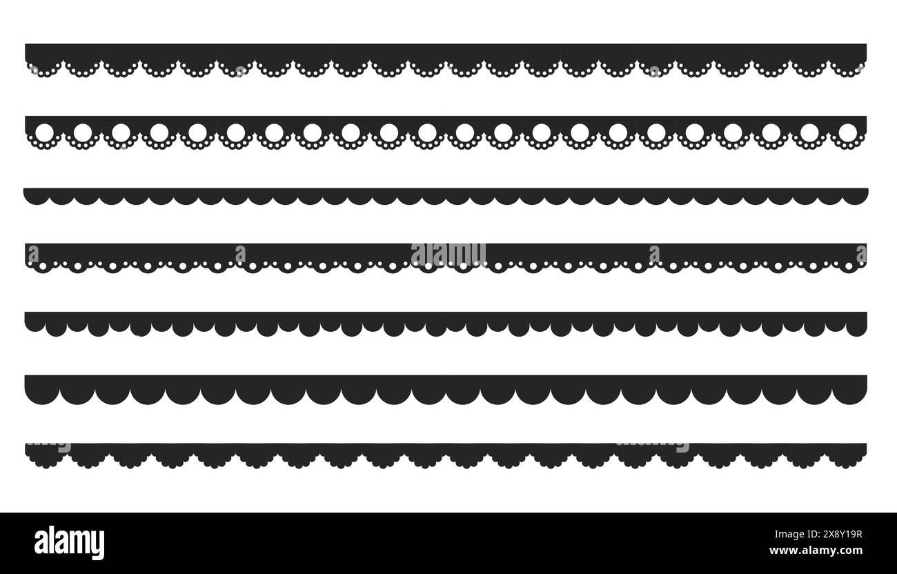 Schwarzer Silhouettenstreifen, Bandkollektion isoliert auf weißem Hintergrund. Traditionelles einfaches Ornament mit Kreisen und Stickband. Vektorabbildung Stock Vektor