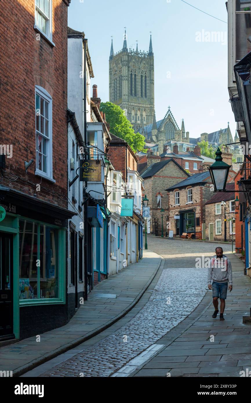 Frühlingsvormittag auf dem Steilhang in Lincoln, England. Stockfoto