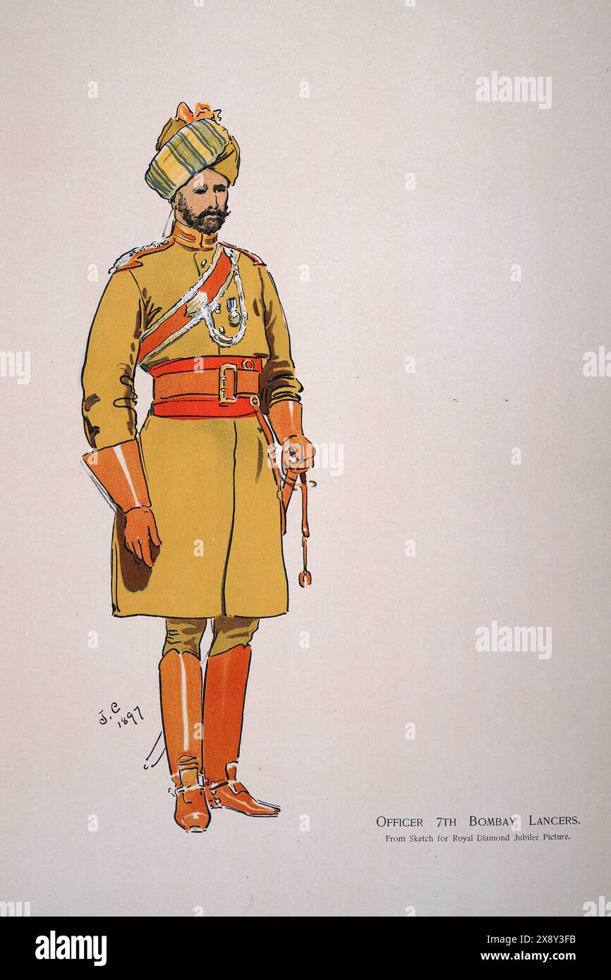 British Empire Military Uniforms, Soldat British Indian Army, Offizier 7th Bombay Lancers, 1900, SOUVENIRBUCH - ROYAL MARINE & MILITARY BAZAAR 19. JUNI Stockfoto
