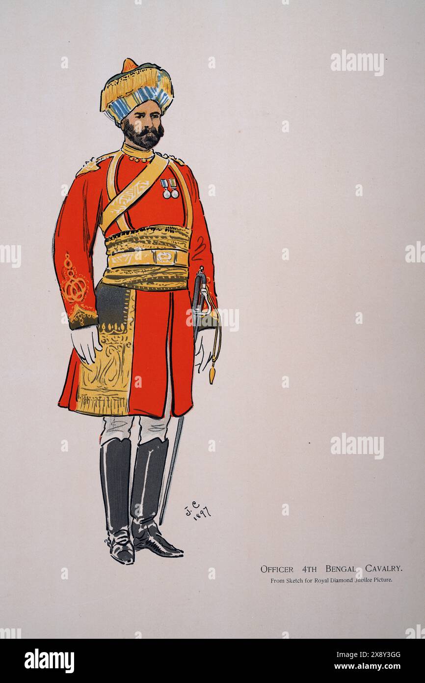 British Empire Military Uniforms, Soldat British Indian Army, Offizier 4th Bengal Cavalry, 1900, SOUVENIRBUCH - ROYAL MARINEAL & MILITARY BAZAAR 19. JUNI Stockfoto
