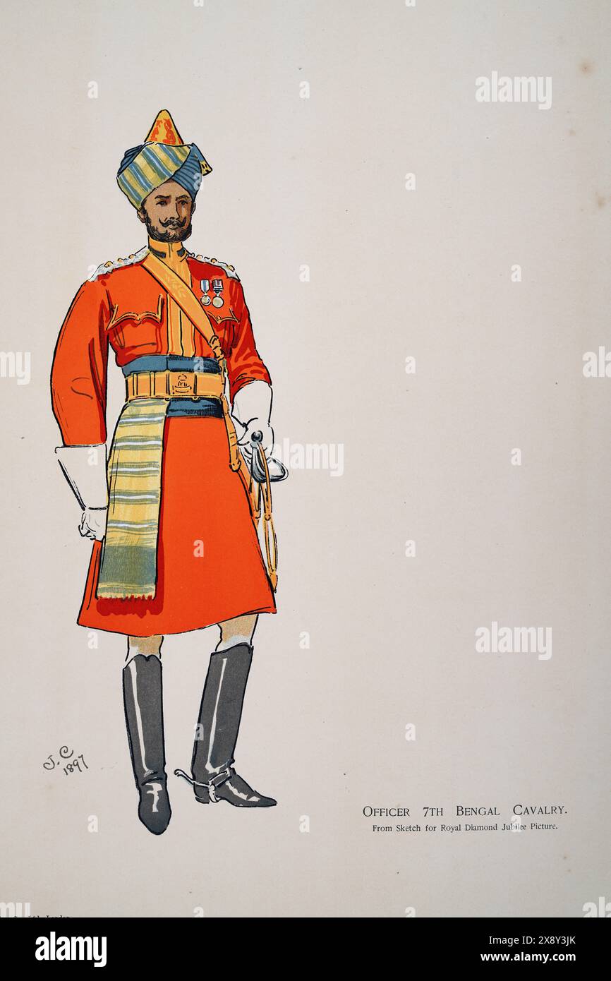 British Empire Military Uniforms, Soldat British Indian Army, Offizier 7th Bengal Cavalry, 1900, SOUVENIRBUCH - ROYAL MARINEAL & MILITARY BAZAAR 19. JUNI Stockfoto