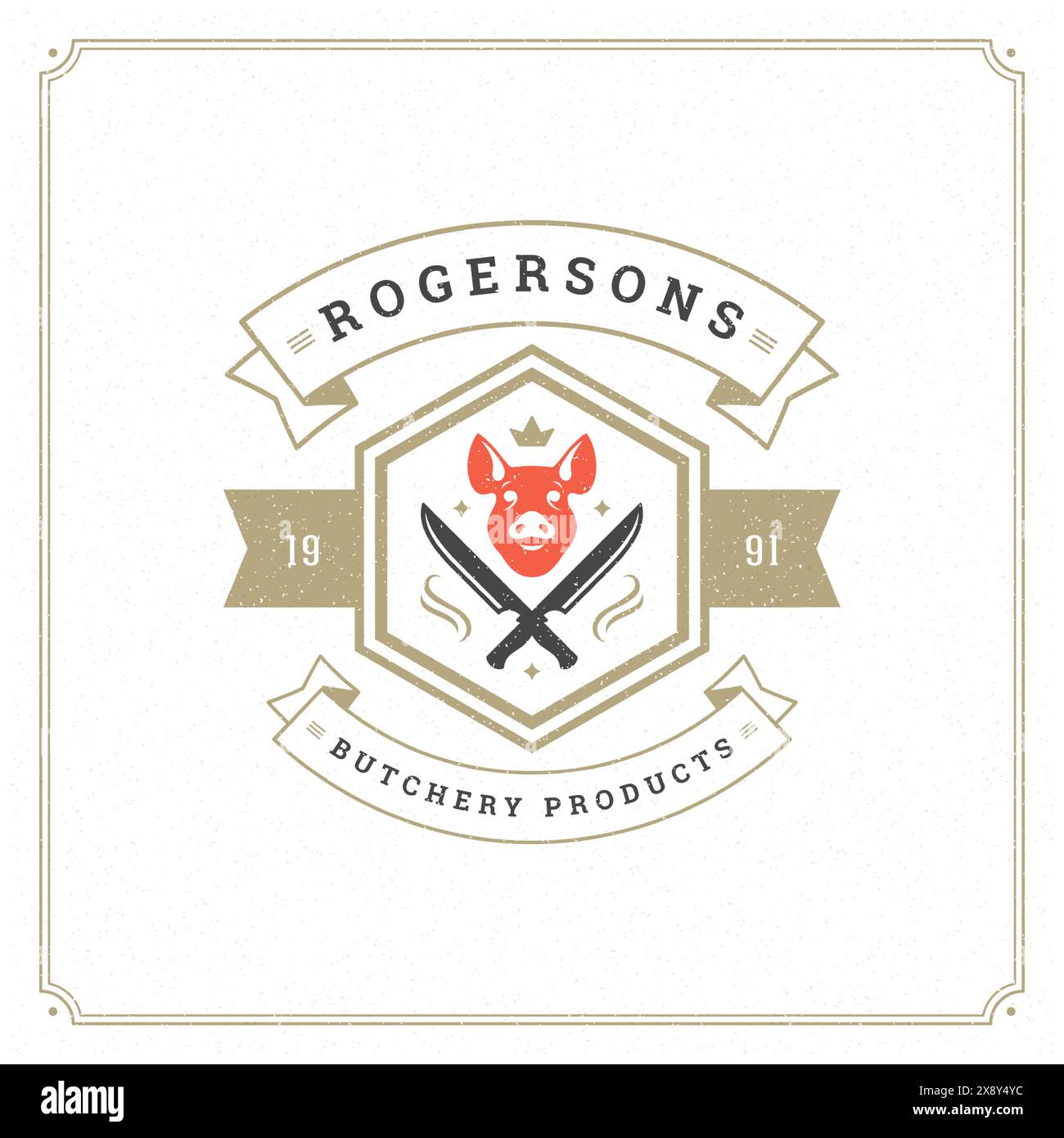 Vektordarstellung des Logos der Metzgerei. Schweinekopf-Silhouette, gut für Farm- oder Restaurantabzeichen. Vintage Typografie-Emblem-Design. Stock Vektor