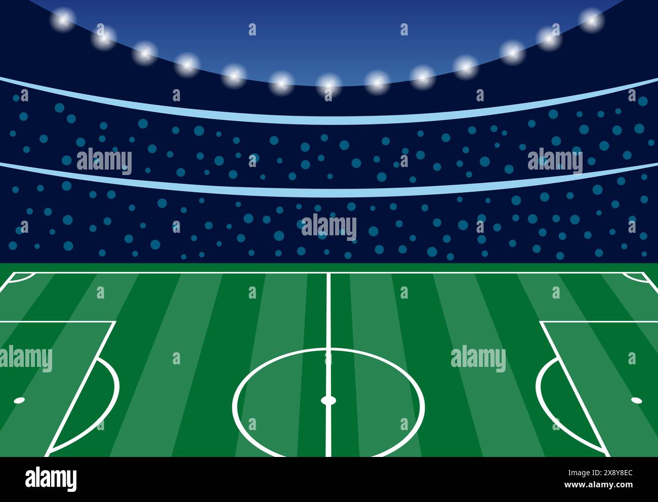 Fußballstadion mit gefüllten Tribünen am Abend vor Spielbeginn. Vektorabbildung Stock Vektor