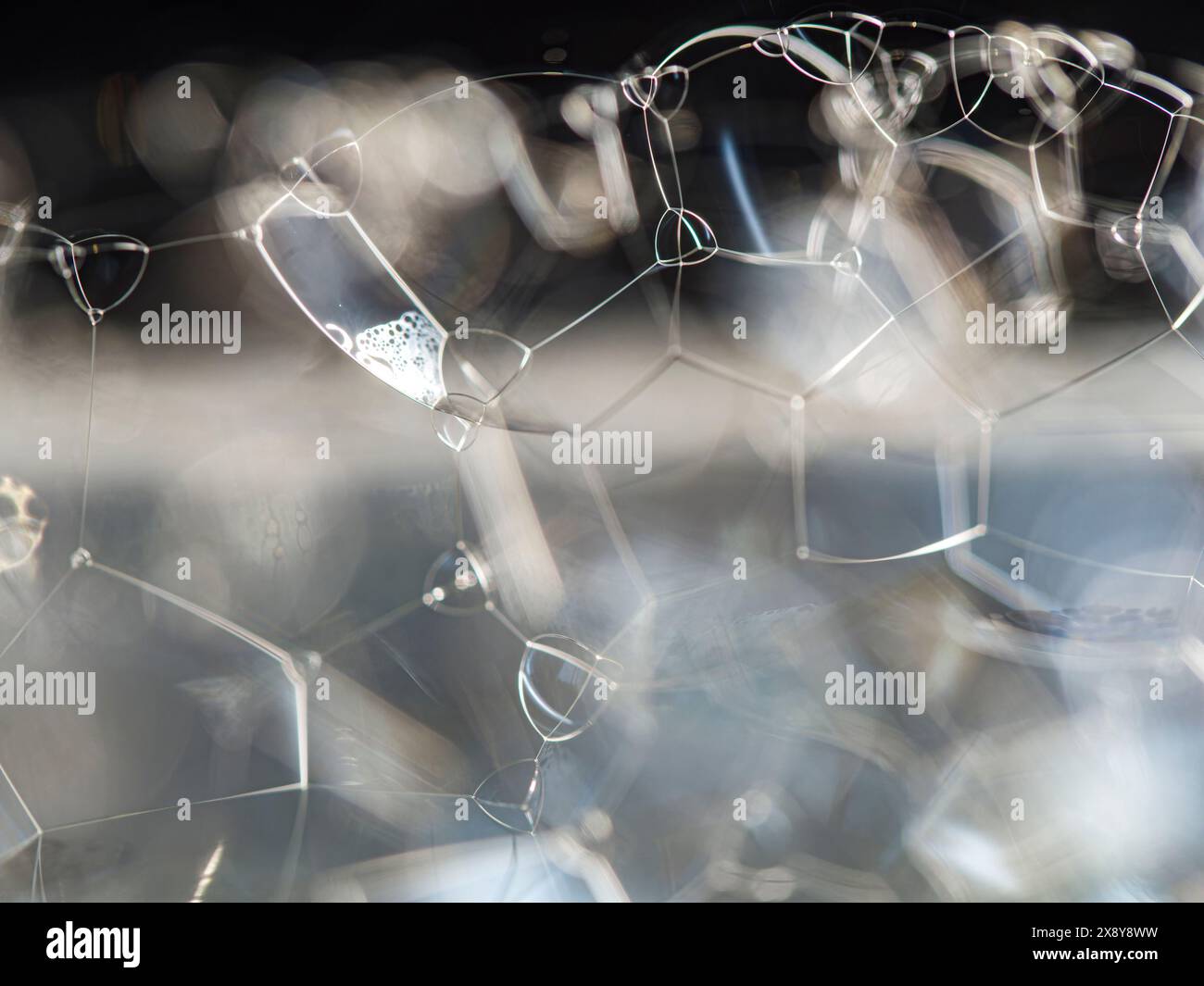 Abstrakter weißer Seifenschaumbläschen Texturhintergrund. Blasenstruktur isoliert auf schwarzem Hintergrund für Komposition. Nahaufnahme. Stockfoto