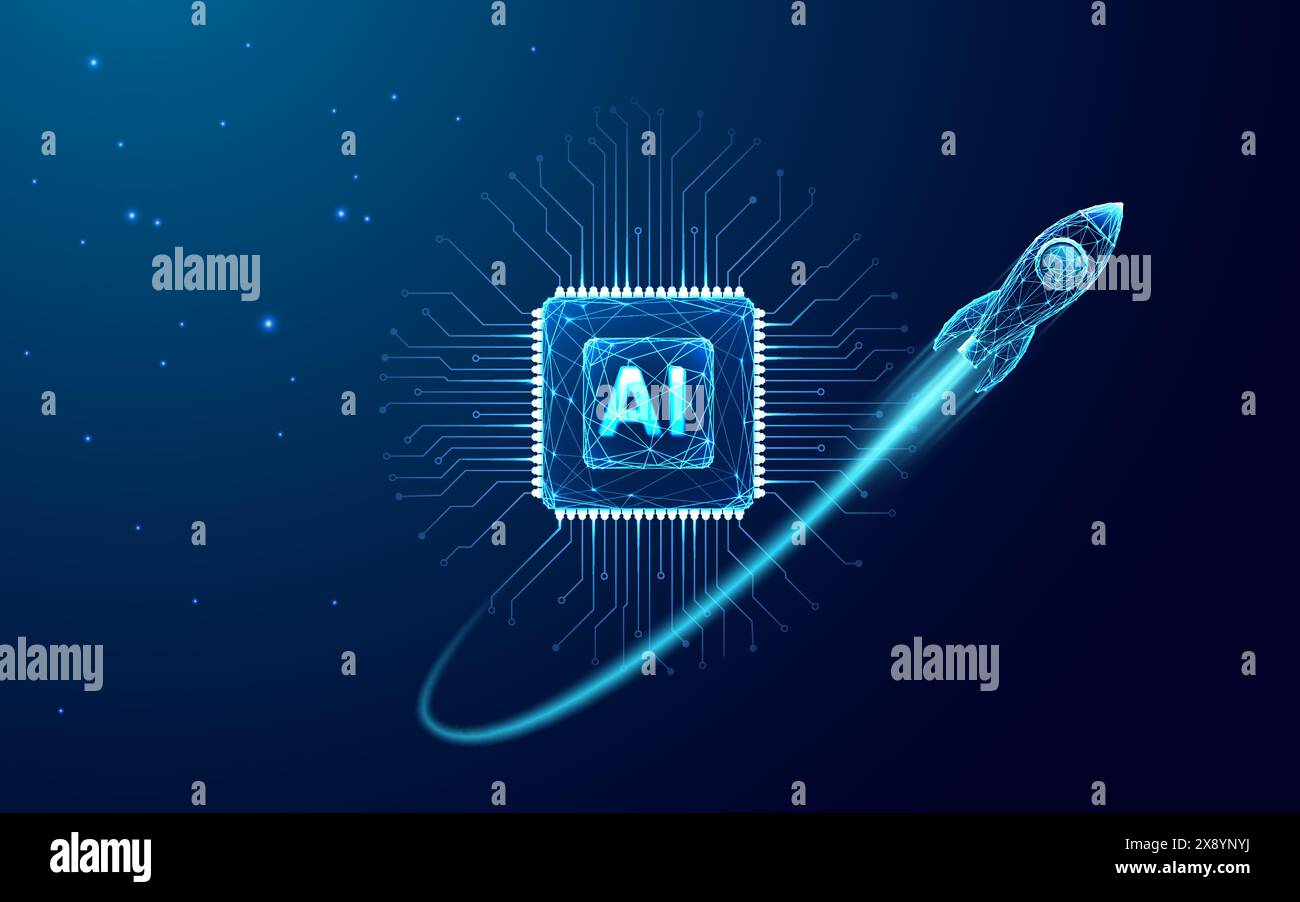 Digitale abstrakte Rakete und KI-Chip. Abstrakter technologischer Hintergrund. Stock Vektor