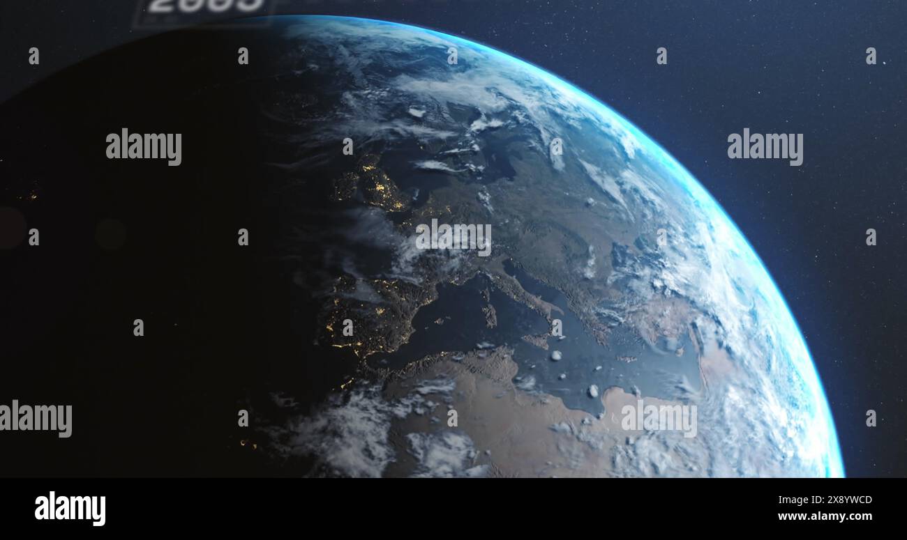 Ein atemberaubender Blick auf die Erde aus dem Weltraum zeigt die Krümmung des Planeten und die beleuchteten Städte Stockfoto