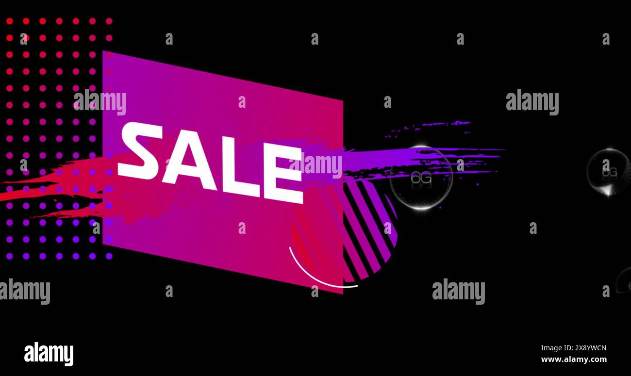 Bild des Verkaufstextes auf Farbspritzern mit geometrischen Formen, 6 g Text in Blase auf schwarzem Hintergrund Stockfoto