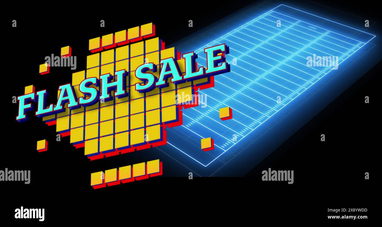 Bild des Flash-Verkaufstextes auf Quadraten über Rastermuster vor schwarzem Hintergrund Stockfoto